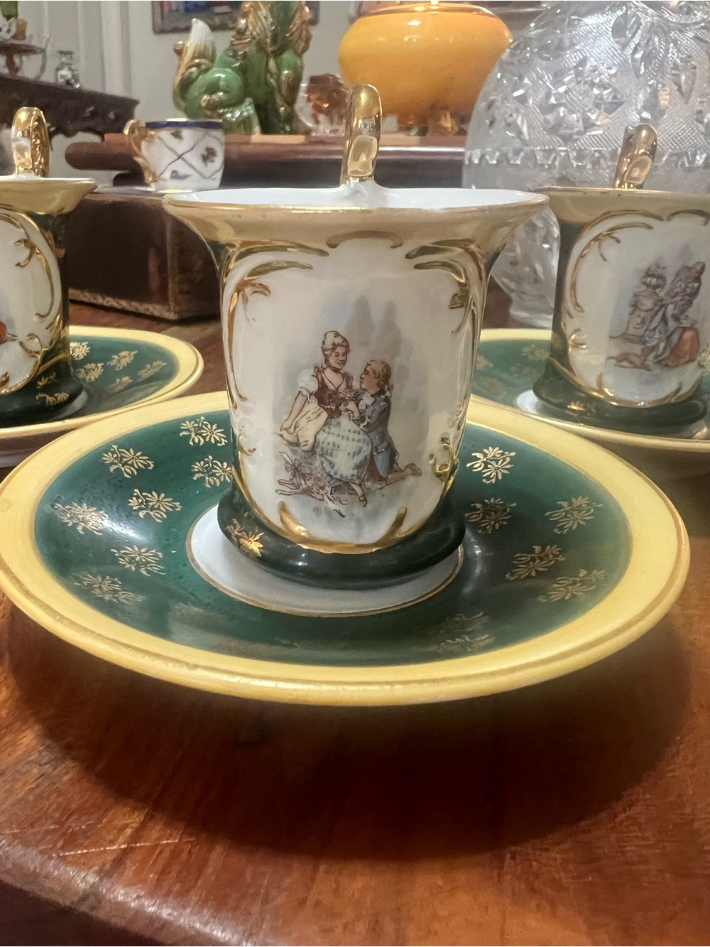 Dresden Porcelain Green & Gold Floral Painted Espresso Cup & Saucer Set for 4